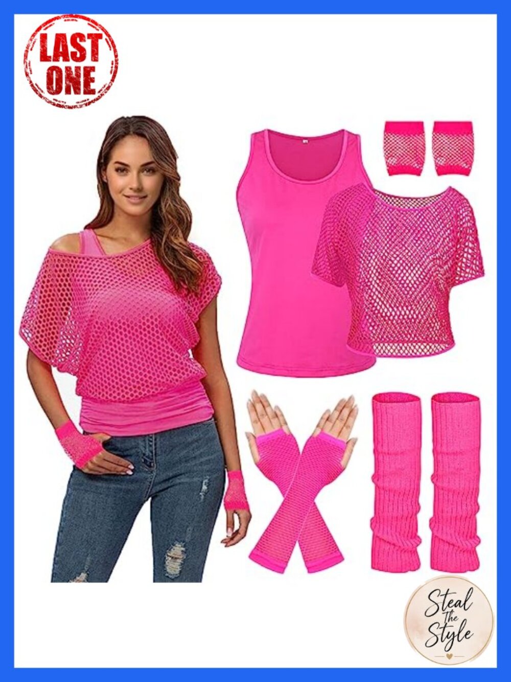 80s Neon Fishnet Off Shoulder T-Shirt Set with Gloves Leg Warmers